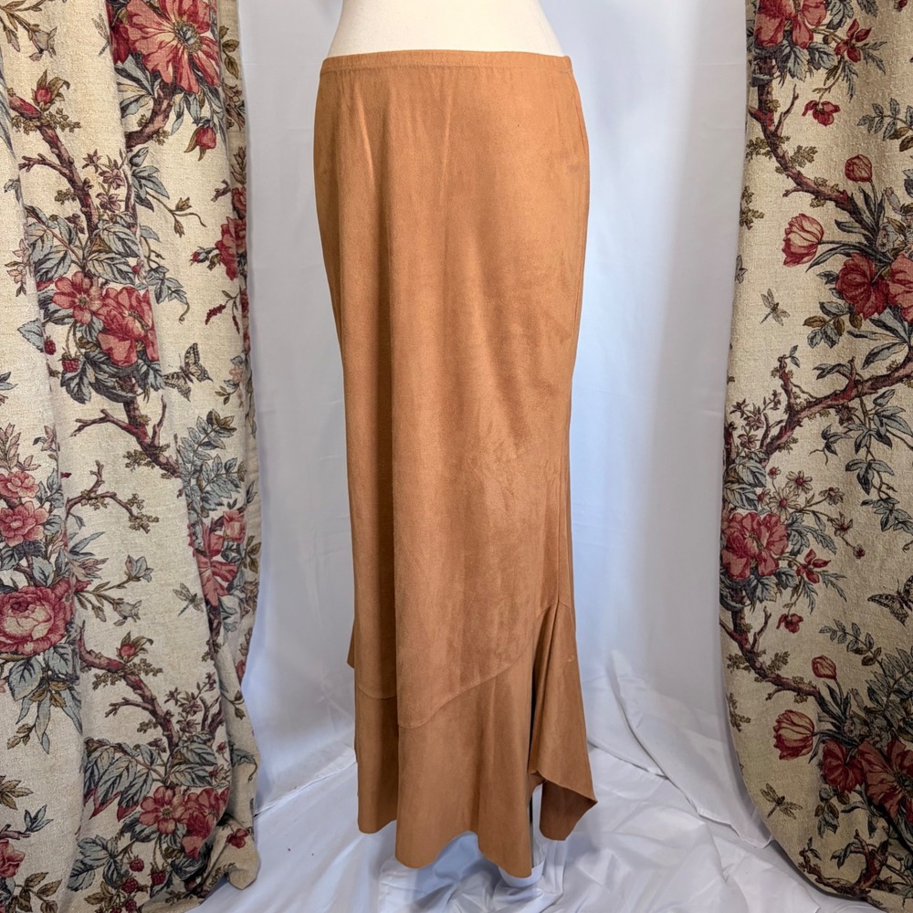 Nexxen Vintage Tan Faux Suede fairy Maxi Skirt Handkerchief Hem Elastic Waist